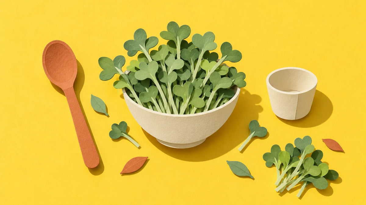 Paper-cut illustration of a bowl of broccoli sprouts beside a spoon and a cup