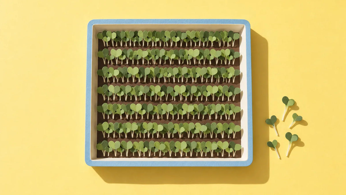 Paper-cut illustration of a seed tray with eight even rows of broccoli sprouts on yellow paper
